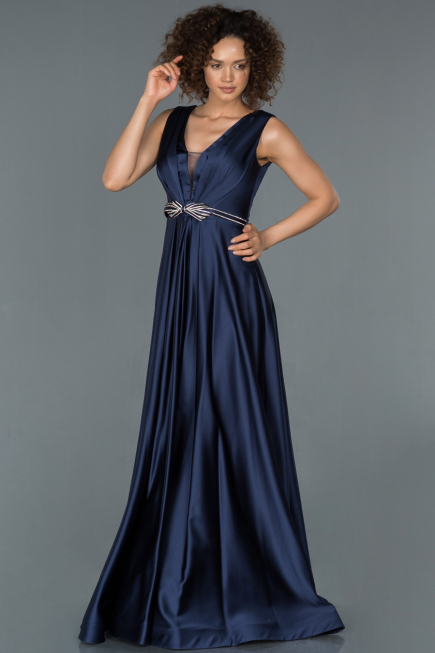 Robe de Soirée Longue Satin Bleu Marine ABU1175