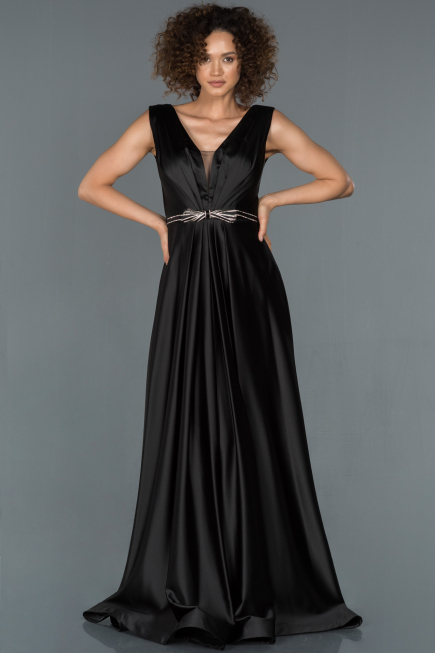 Robe de Soirée Longue Satin Noir ABU1175