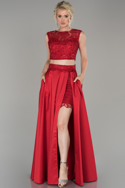 Robe de Soirée Satin Longue Rouge ABU1286