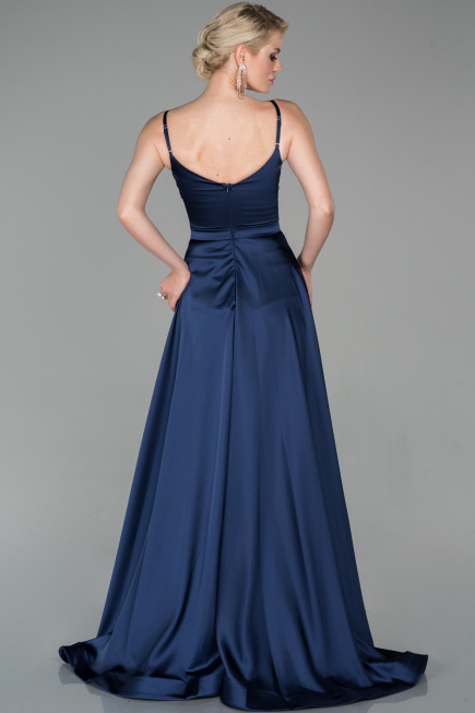 Robe de Soirée Longue Satin Bleu Marine ABU1601
