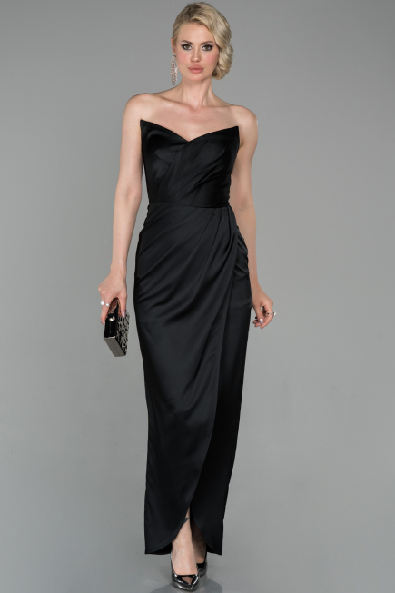 Robe Queue de Poisson Longue Satin Noir ABU1609