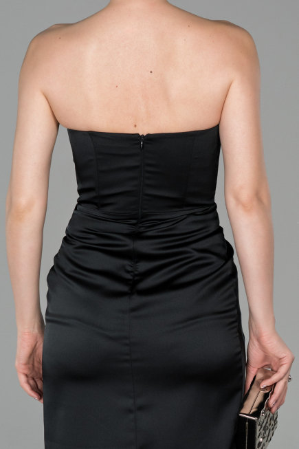 Robe Queue de Poisson Longue Satin Noir ABU1609