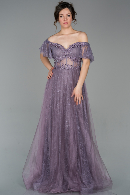Robe de Soirée Longue Dantelle Lavande ABU1666