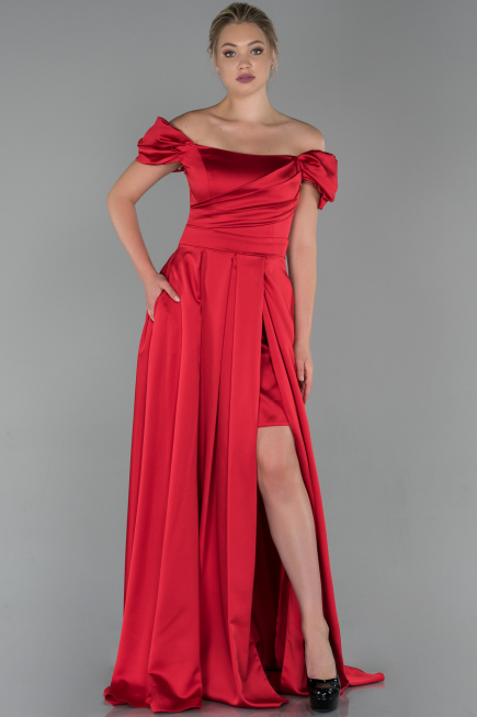 Robe de Soirée Longue Satin Rouge ABU1716