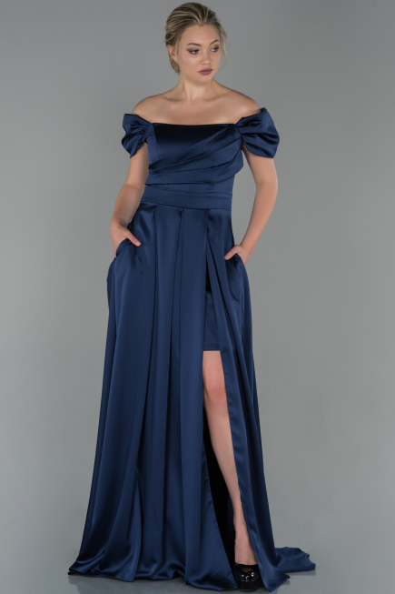 Robe de Soirée Longue Satin Bleu Marine ABU1716