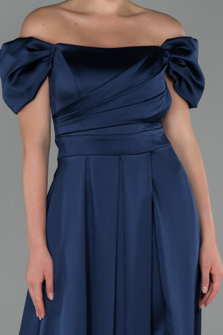 Robe de Soirée Longue Satin Bleu Marine ABU1716