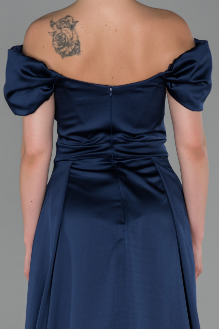 Robe de Soirée Longue Satin Bleu Marine ABU1716