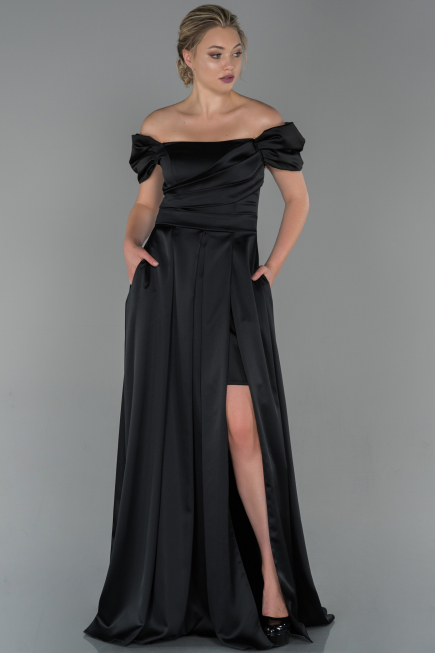 Robe de Soirée Longue Satin Noir ABU1716