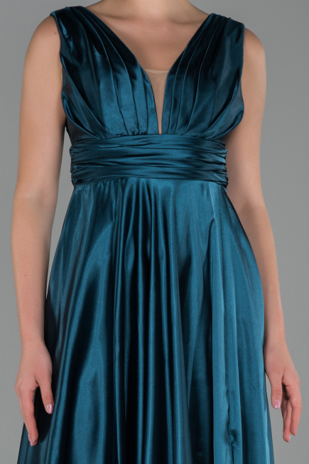Robe de Soirée Longue Satin Vert Pétrole ABU1737