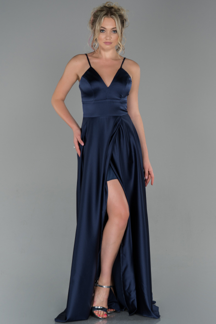 Robe de Soirée Longue Satin Bleu Marine ABU1458