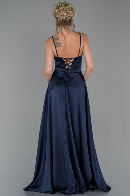 Robe de Soirée Longue Satin Bleu Marine ABU1458