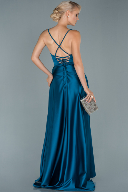 Robe de Soirée Longue Satin Vert Pétrole ABU1843
