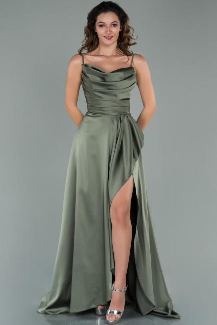 Robe de Soirée Longue Satin Kaki ABU1843