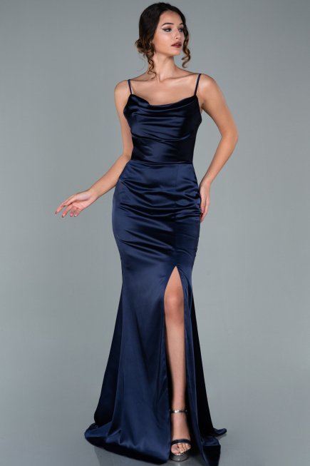 Robe de Soirée Longue Satin Bleu Marine ABU1938