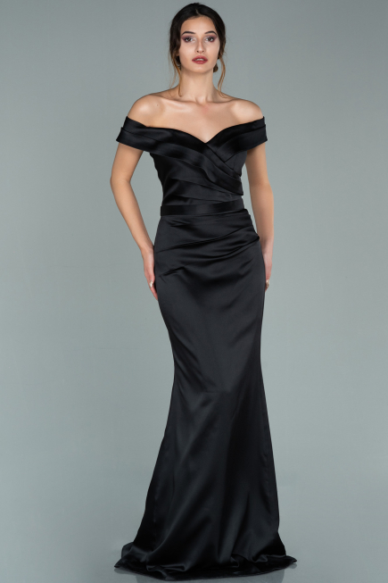Robe de Soirée Longue Satin Noir ABU1943