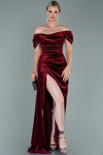 Robe de Soirée Longue Velours Rouge Bordeaux ABU1990