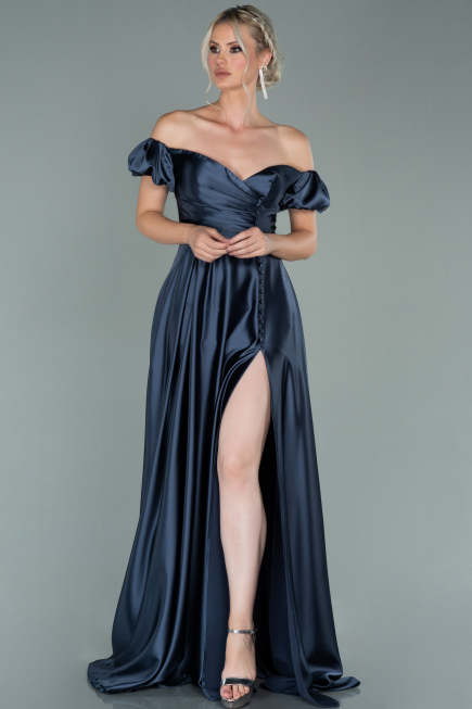 Robe De Soirée Satin Longue Anthracite ABU1840