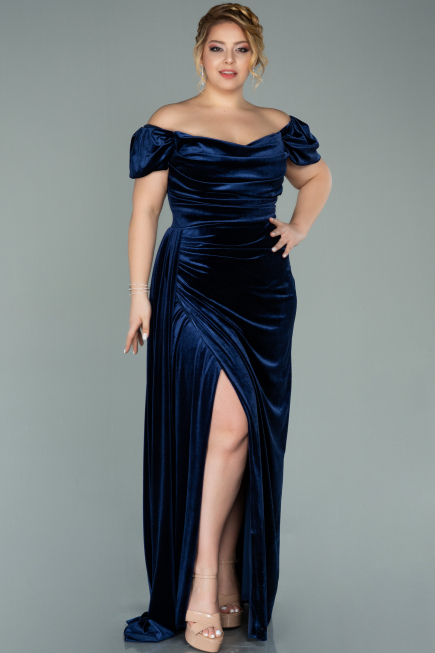 Robe Grande Taille Longue Velours Bleu Marine ABU1991