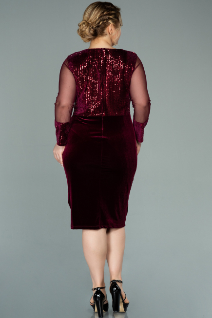 Robe de Soirée Grande Taille Courte Velours à Paillettes Rouge Bordeaux ABK1152