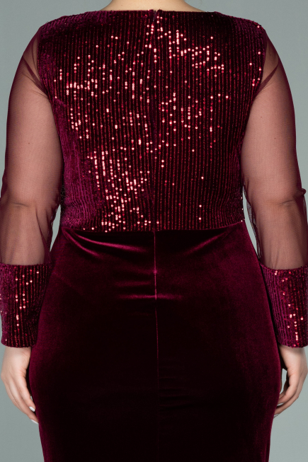 Robe de Soirée Grande Taille Courte Velours à Paillettes Rouge Bordeaux ABK1152