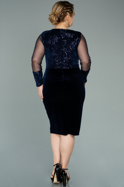 Robe de Soirée Grande Taille Courte Velours à Paillettes Bleu Marine ABK1152