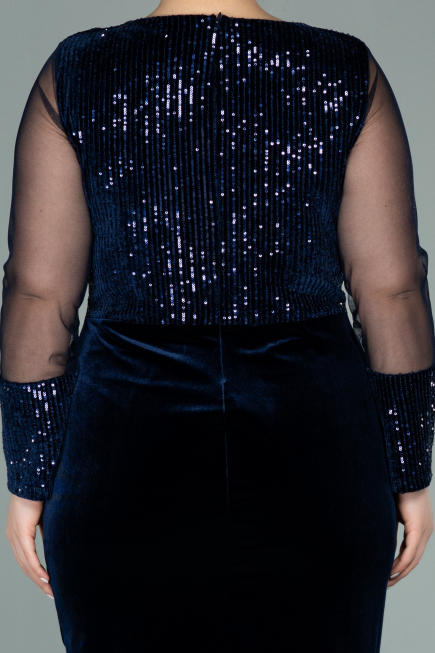 Robe de Soirée Grande Taille Courte Velours à Paillettes Bleu Marine ABK1152