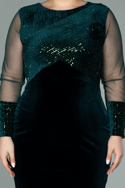 Robe de Soirée Grande Taille Courte Velours à Paillettes Émeraude ABK1152