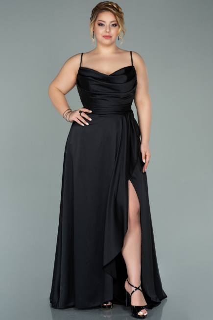 Robe de Soirée Grande Taille Longue Satin Noir ABU2011