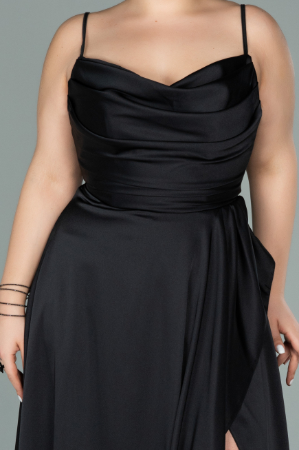 Robe de Soirée Grande Taille Longue Satin Noir ABU2011