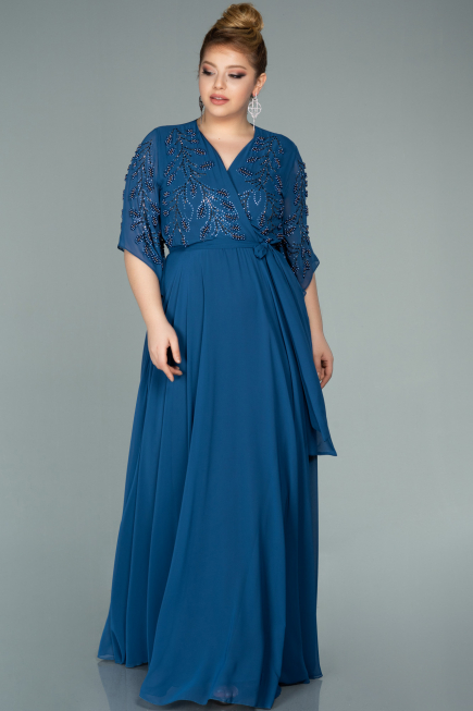 Robe de Soirée Grande Taille Longue Mousseline Indigo ABU2071