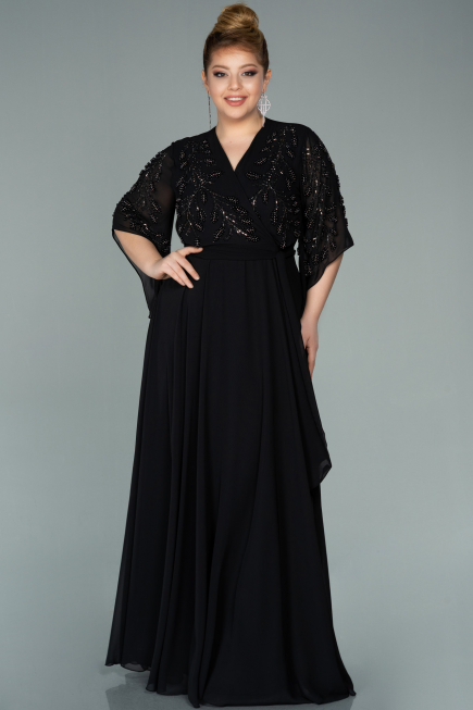 Robe de Soirée Grande Taille Longue Mousseline Noir ABU2071