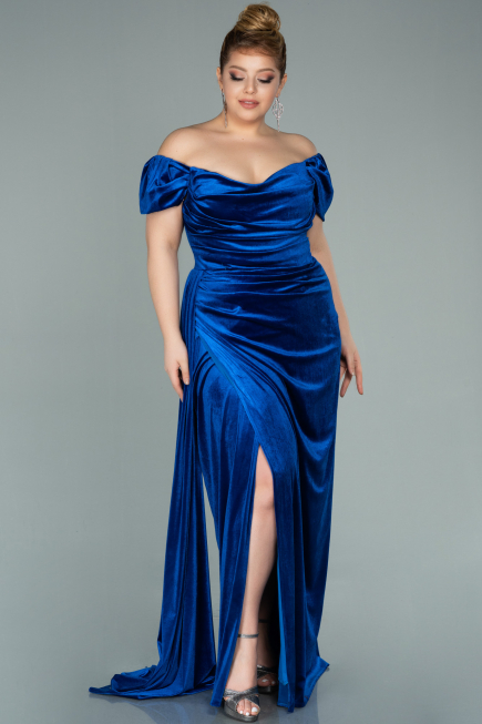 Robe Grande Taille Longue Velours Bleu Saxe ABU1991