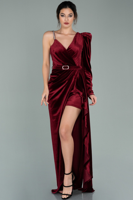 Robe de Soirée Longue Velours Rouge Bordeaux ABU2074