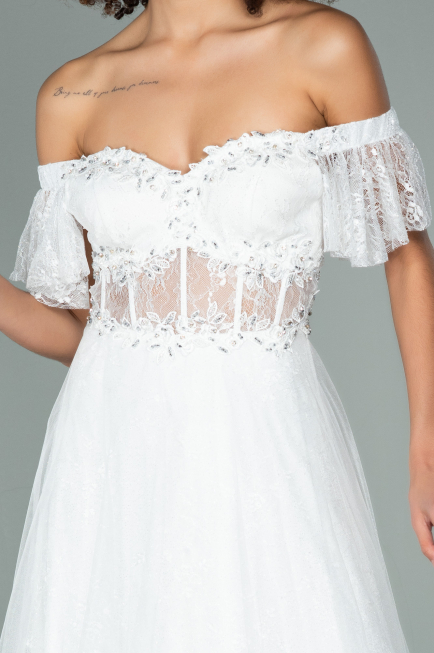 Robe de Soirée Longue Dantelle Blanc ABU1666
