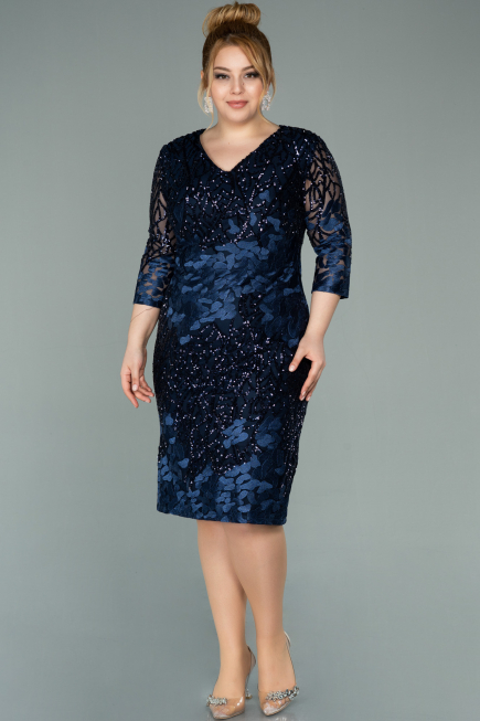 Robe de Soirée Grande Taille Courte Squameuse Bleu Marine ABK1284