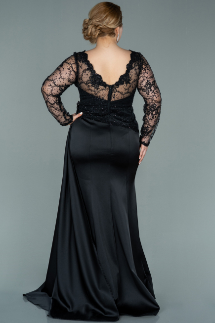 Robe de Soirée Grande Taille Longue Satin Noir ABU2204