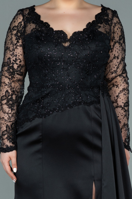 Robe de Soirée Grande Taille Longue Satin Noir ABU2204