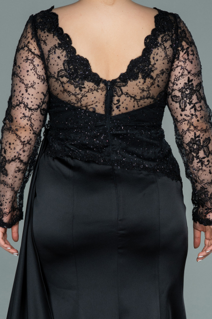 Robe de Soirée Grande Taille Longue Satin Noir ABU2204