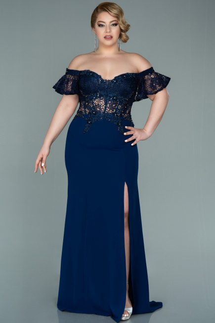 Robe Grande Taille Longue Dantelle Bleu Marine ABU2248