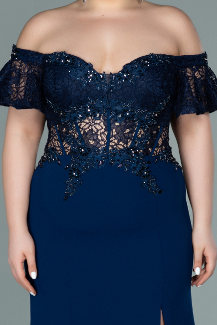 Robe Grande Taille Longue Dantelle Bleu Marine ABU2248
