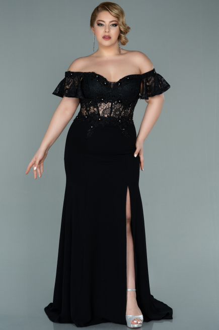Robe Grande Taille Longue Dantelle Noir ABU2248