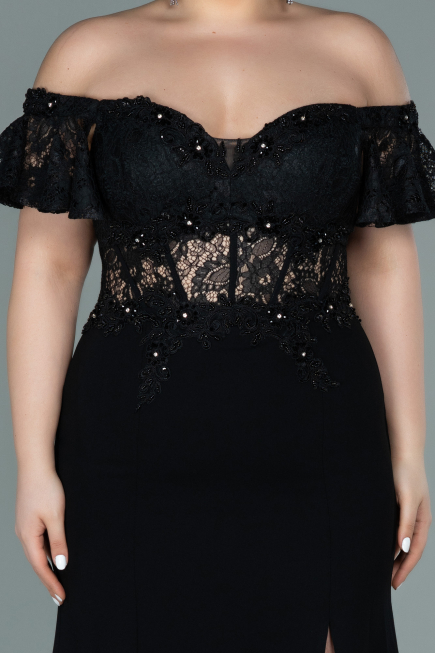 Robe Grande Taille Longue Dantelle Noir ABU2248