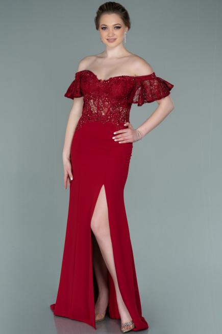 Robe de Soirée Longue Dantelle Rouge Bordeaux ABU2261