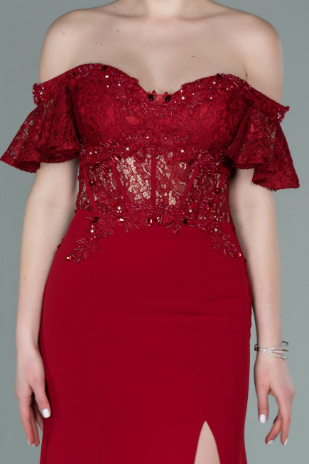 Robe de Soirée Longue Dantelle Rouge Bordeaux ABU2261
