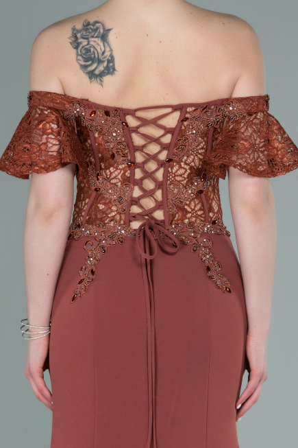 Robe de Soirée Longue Dantelle Marron clair ABU2261