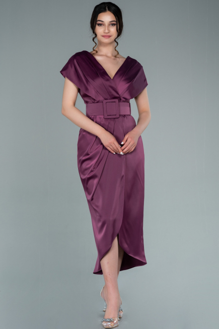 Robe De Cérémonie Satin Courte Prune ABK1107