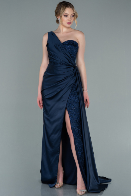 Robe De Soirée Satin Longue Bleu Marine ABU2028