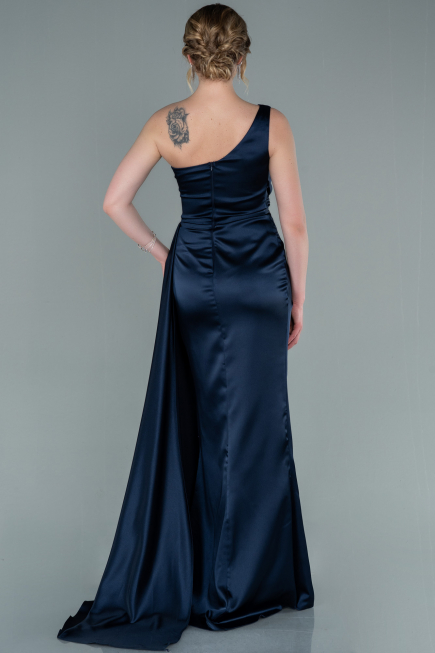 Robe De Soirée Satin Longue Bleu Marine ABU2028