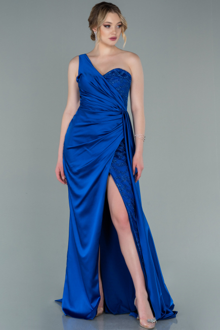 Robe De Soirée Satin Longue Bleu Saxe ABU2028