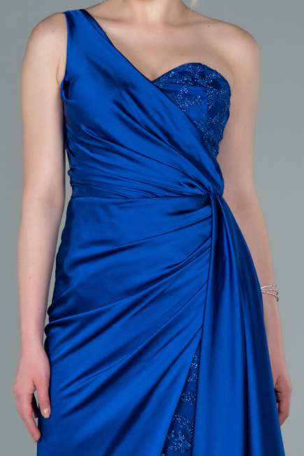 Robe De Soirée Satin Longue Bleu Saxe ABU2028